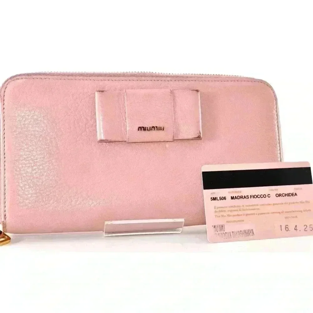 MIU MIU Ribbon Long Wallet Leather Pink Gold Zip Women Used Auth w/Card 8C11191 - Picture 1 of 15